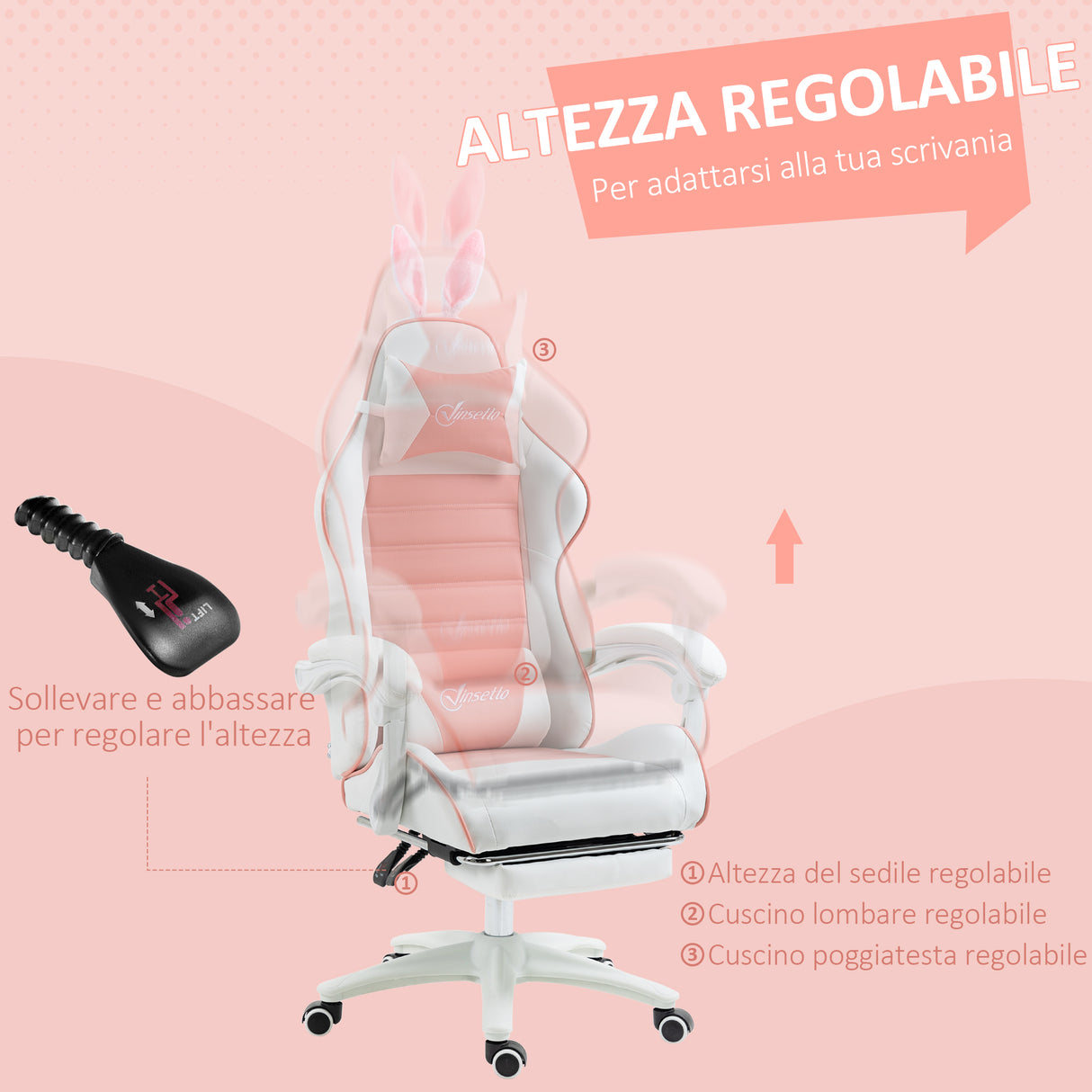 easycomfort easycomfort sedia gaming ergonomica con orecchie poggiapiedi estraibile cuscino lombare e poggiatesta rosa
