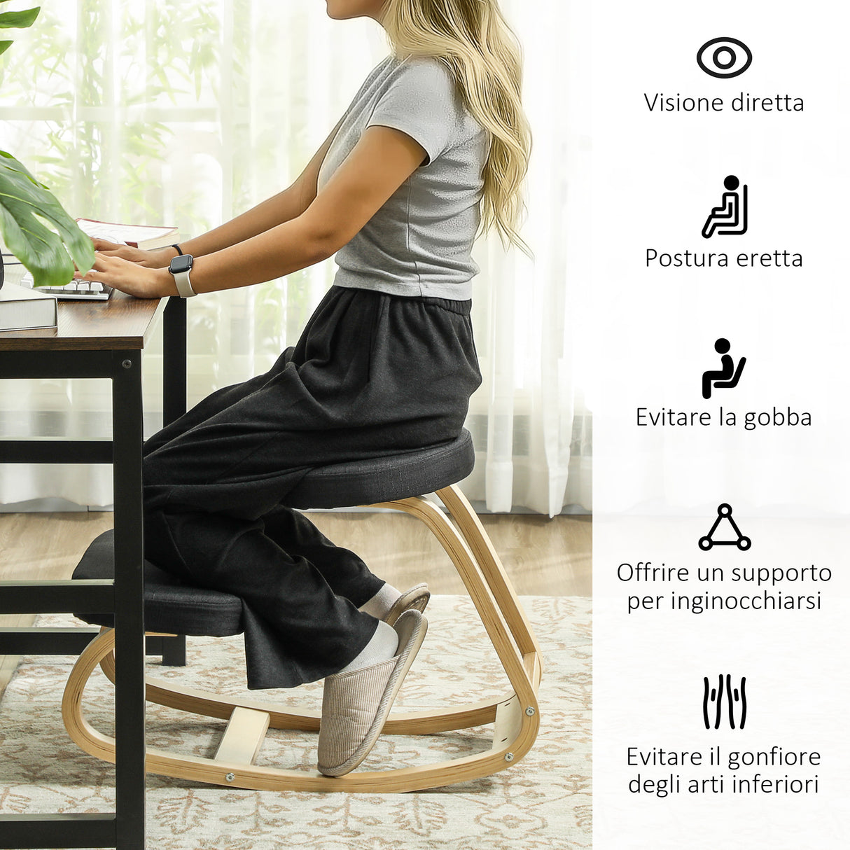 easycomfort easycomfort sedia inginocchiatoio con movimento a dondolo in tessuto effetto lino e legno di betulla 50x73x55 cm nero