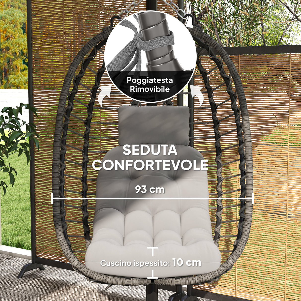 easycomfort easycomfort sedia sospesa in rattan a uovo con cuscino e poggiatesta altezza regolabile e seduta richiudibile grigio
