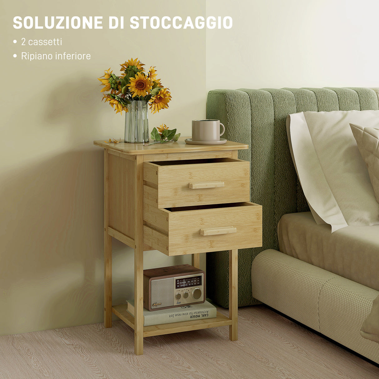 easycomfort easycomfort set 2 comodini con 2 cassetti e ripiano inferiore in stile nordico in bambu 40x34x60 cm