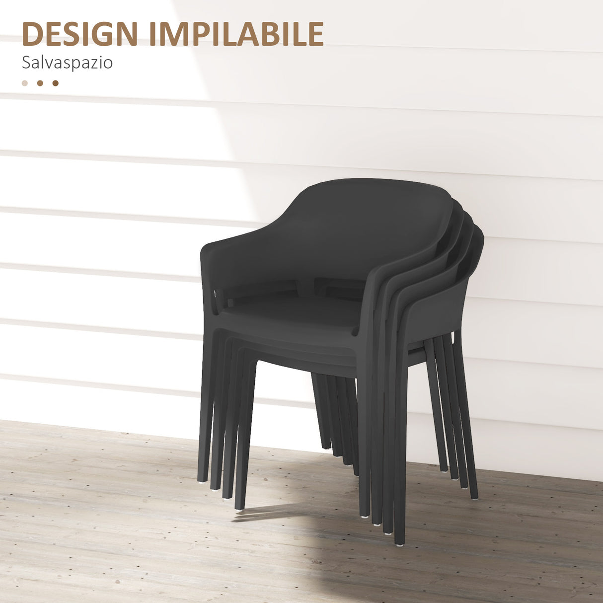 easycomfort easycomfort set 4 sedie da giardino in plastica impilabili con braccioli e schienale alto in pp nero