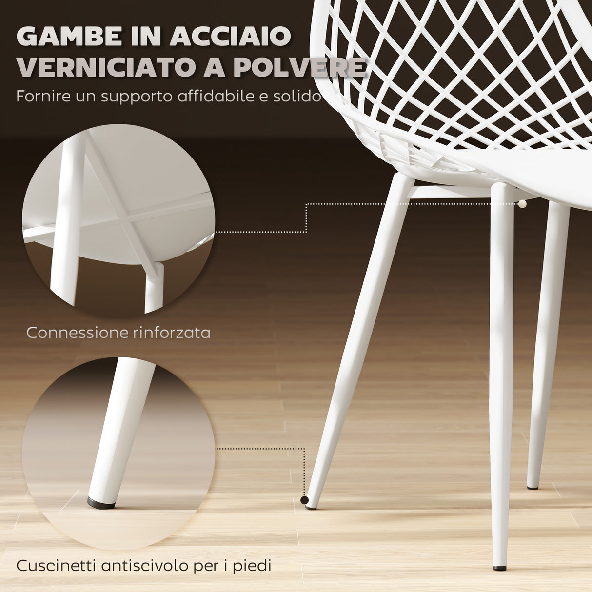 easycomfort easycomfort set 4 sedie da pranzo moderne con schienale traforato in plastica e gambe in metallo bianco