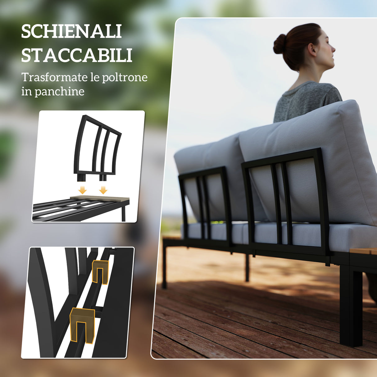 easycomfort easycomfort set da giardino 4 pezzi con 2 divanetti 2 posti e 2 tavolini in metallo e legno composito grigio nero e teak