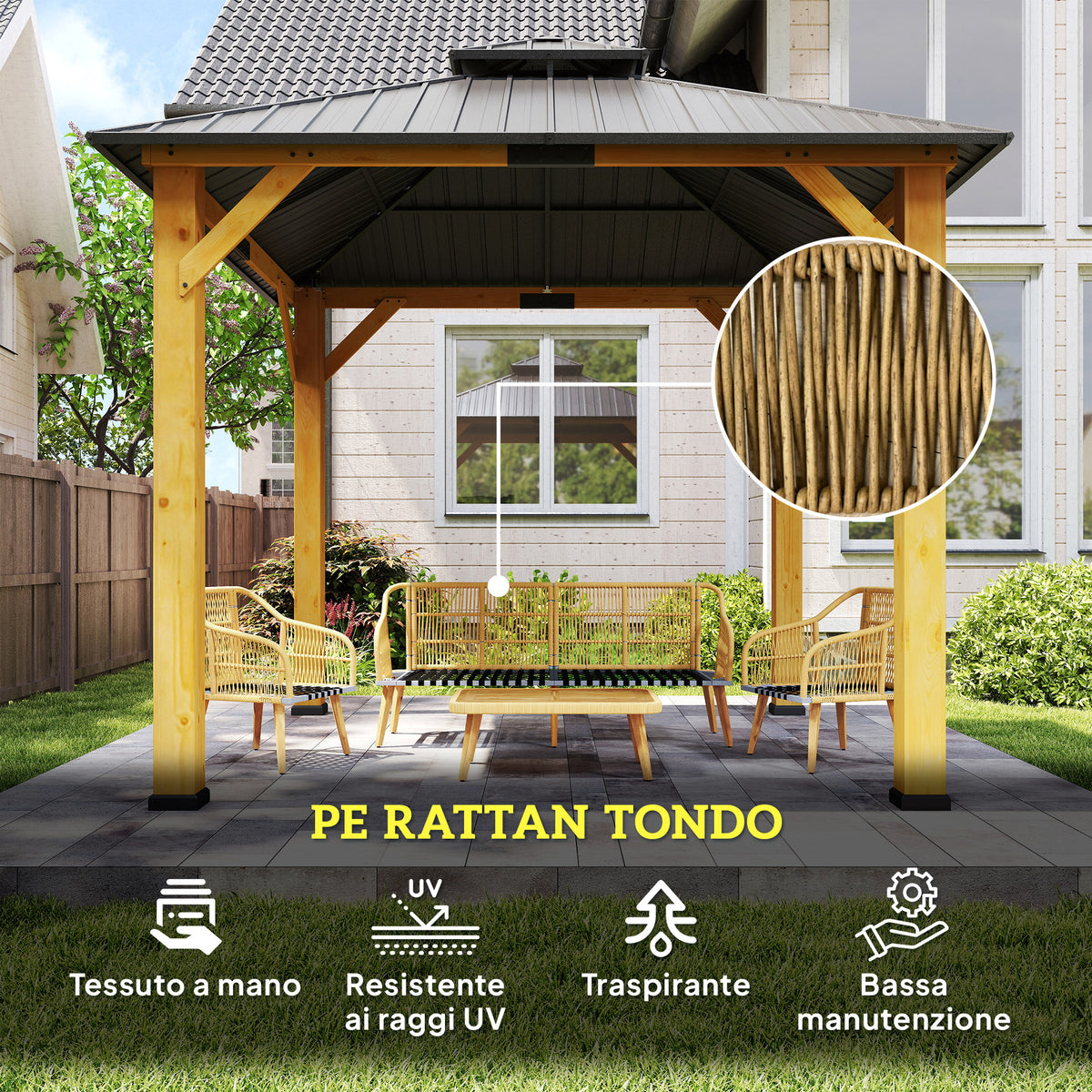 easycomfort easycomfort set da giardino 4 pezzi con divano 3 posti 2 poltrone e tavolino basso in rattan pe e acciaio multicolore