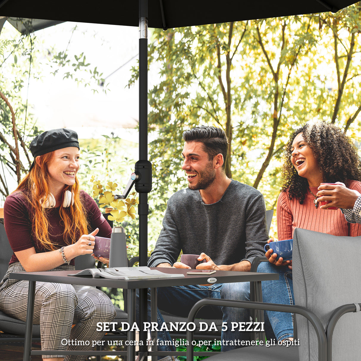 easycomfort easycomfort set da giardino 5 pezzi in acciaio con 4 sedie 58x58x66 cm e tavolo 80x80x71 cm con foro centrale grigio