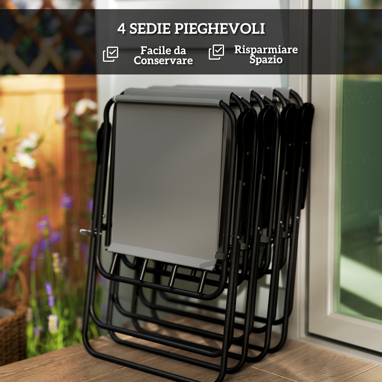 easycomfort easycomfort set da giardino 6 pezzi in acciaio con 4 sedie pieghevoli ombrellone e tavolo rotondo grigio e nero