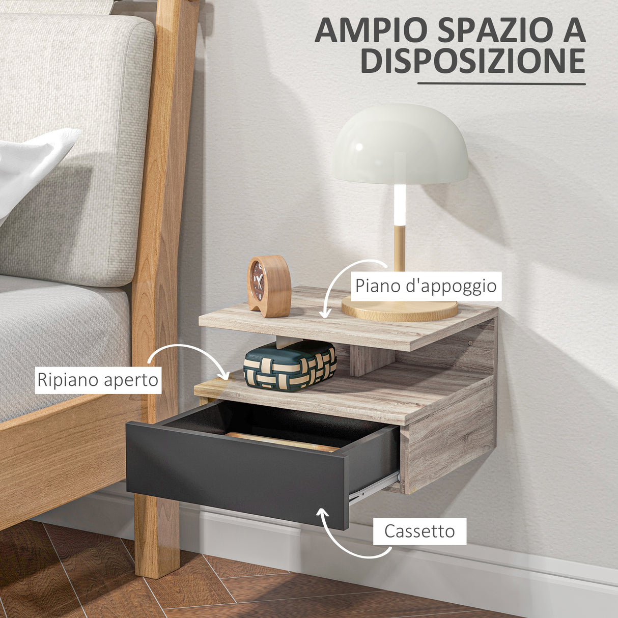 easycomfort easycomfort set di 2 comodini sospesi moderni con cassetto e mensola superiore 35x32x22 5cm rovere e nero