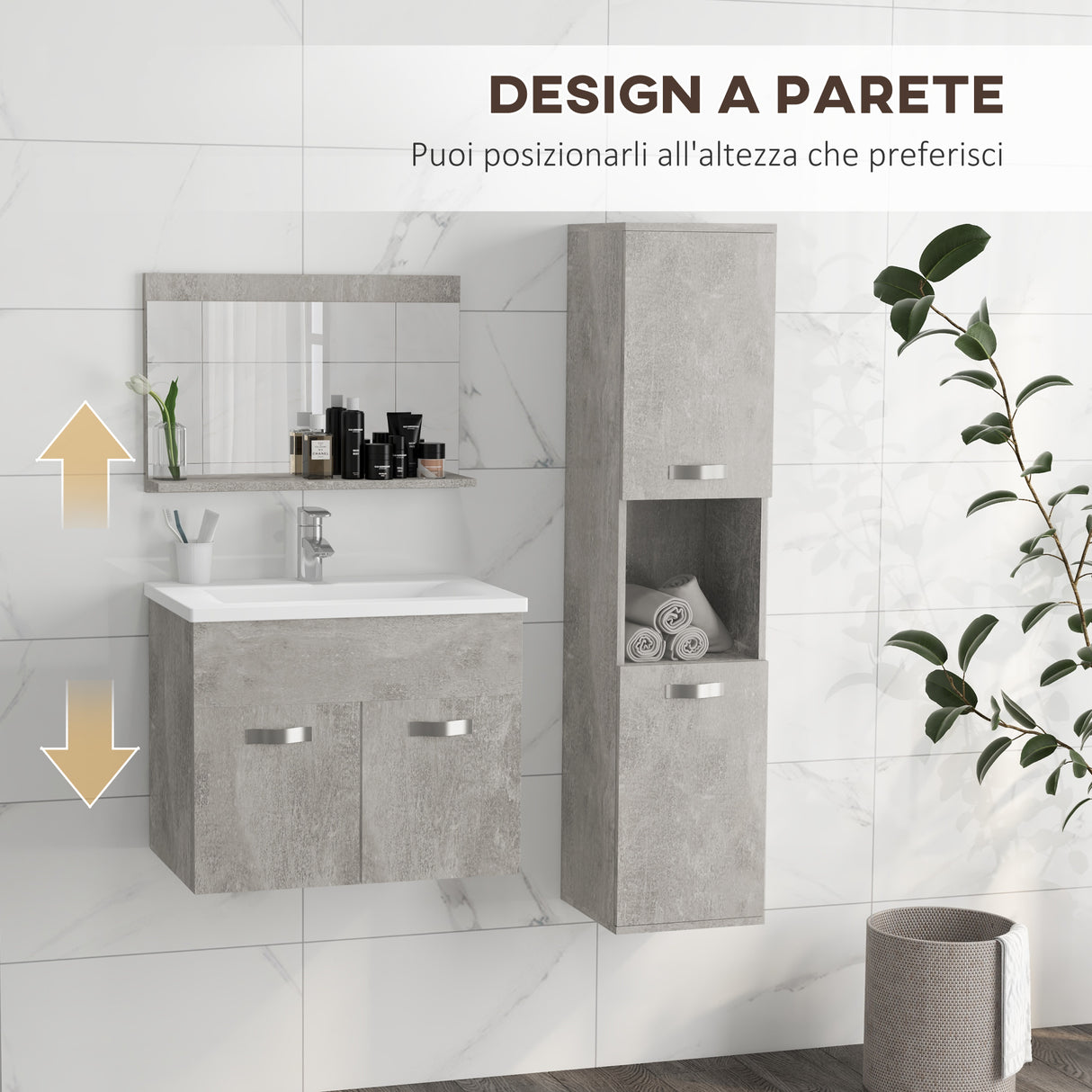 easycomfort easycomfort set mobili bagno da 4 pezzi con lavabo da 60cm mobiletto colonna bagno e specchiera in legno grigio