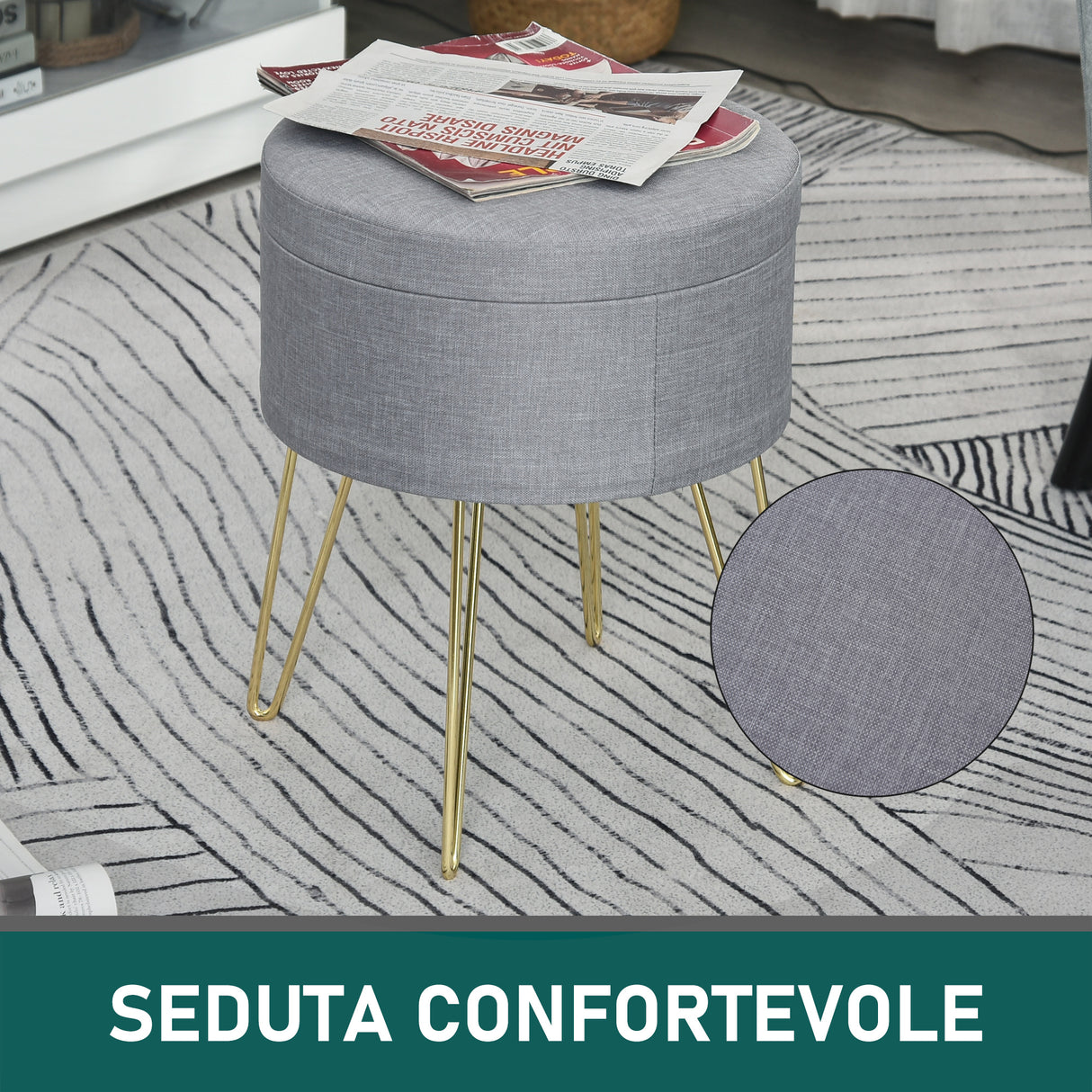 easycomfort easycomfort sgabello rotondo con vano contenitore in tessuto grigio e oro 36x36x45cm