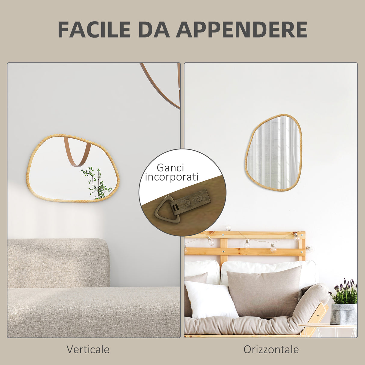 easycomfort easycomfort specchio da parete moderno con bordi irregolari e cornice in legno per camera e ingresso 80x60 cm