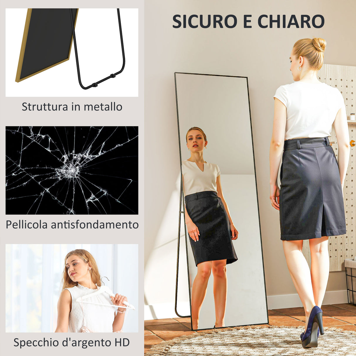 easycomfort easycomfort specchio da terra moderno a figura intera design autoportante o da parete 40x150 cm nero