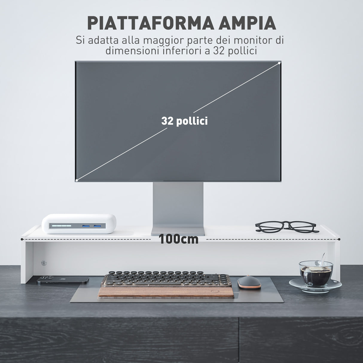 easycomfort easycomfort supporto per monitor con 2 vani contenitore in legno 100x27x15 cm bianco