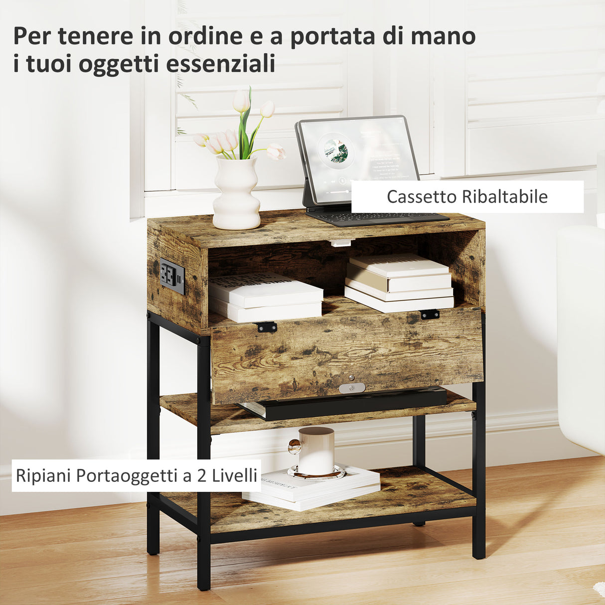 easycomfort easycomfort tavolino da divano con cassetto e 2 ripiani stile industriale in legno e metallo 60x30x66 5 cm nero e marrone