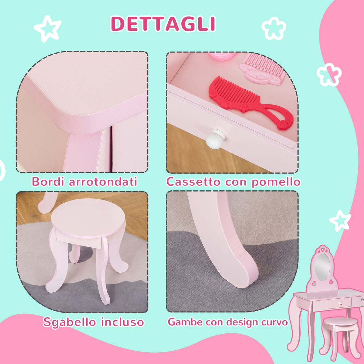 easycomfort easycomfort tavolo trucco per bambini con sgabello in legno toeletta con specchio e cassetto 60x36x88cm rosa