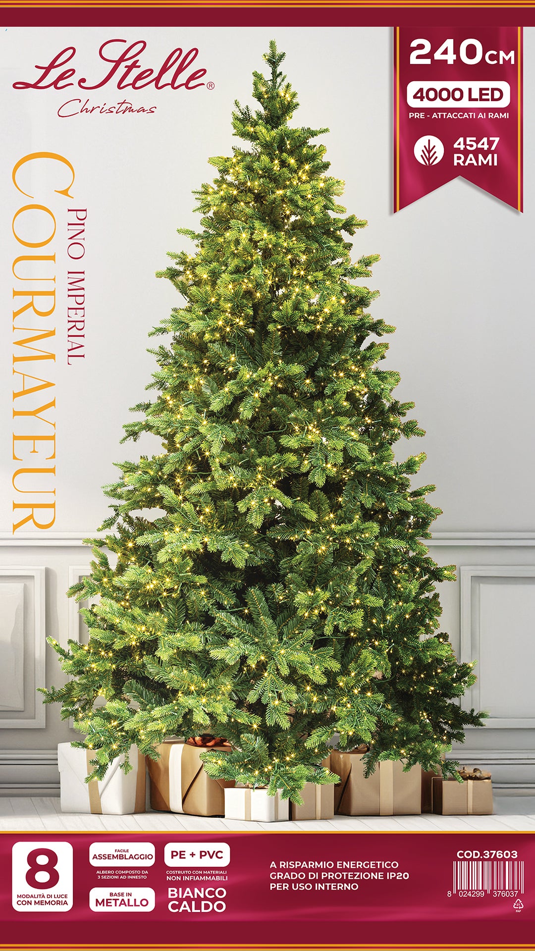 le stelle albero di natale artificiale verde h 240cm x l 150cm super folto con 4000 luci led incorporate e base a croce in metallo