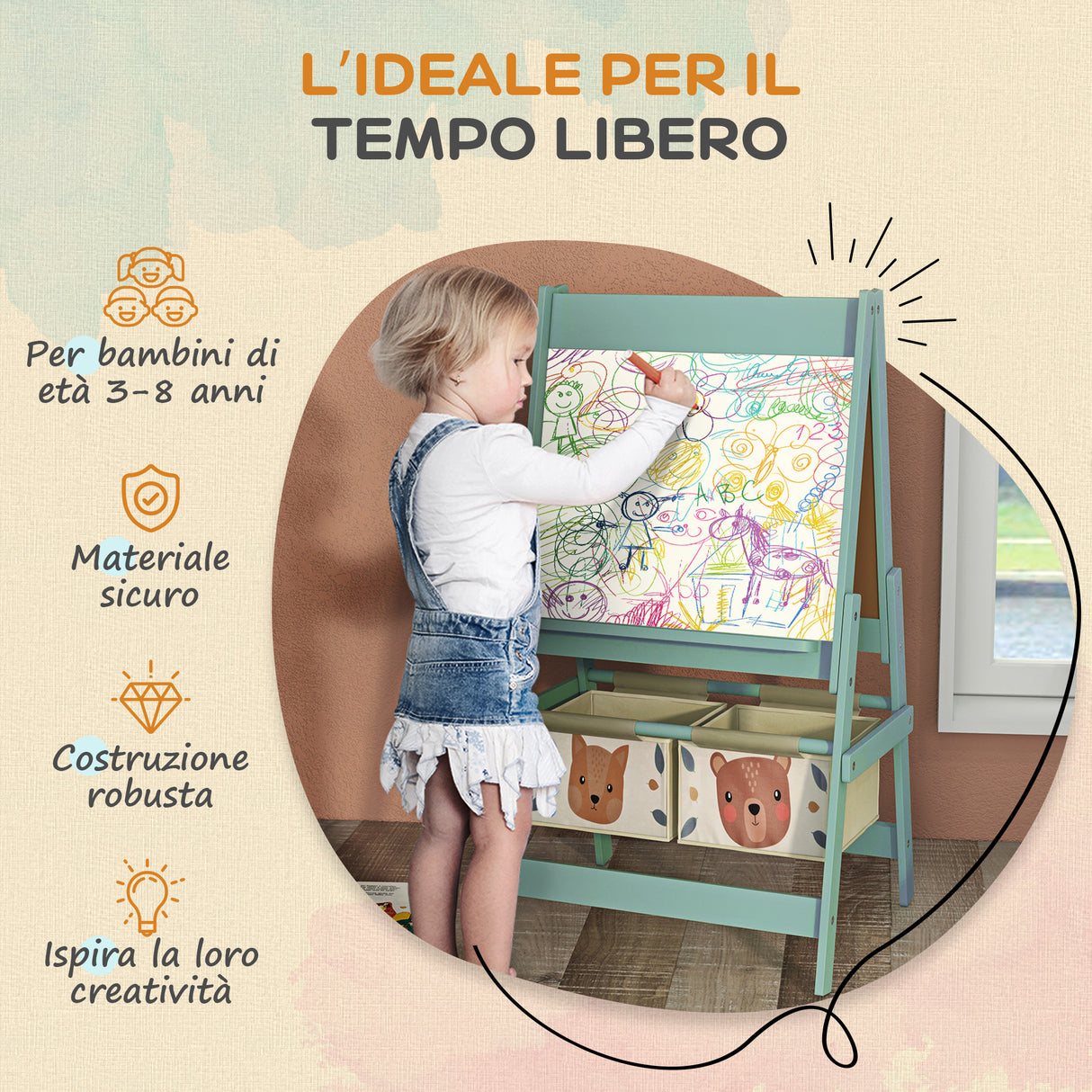 easycomfort easycomfort lavagna per bambini con cavalletto 3 in 1 e 2 contenitori eta 3 8 anni 54x46 5x93cm verde