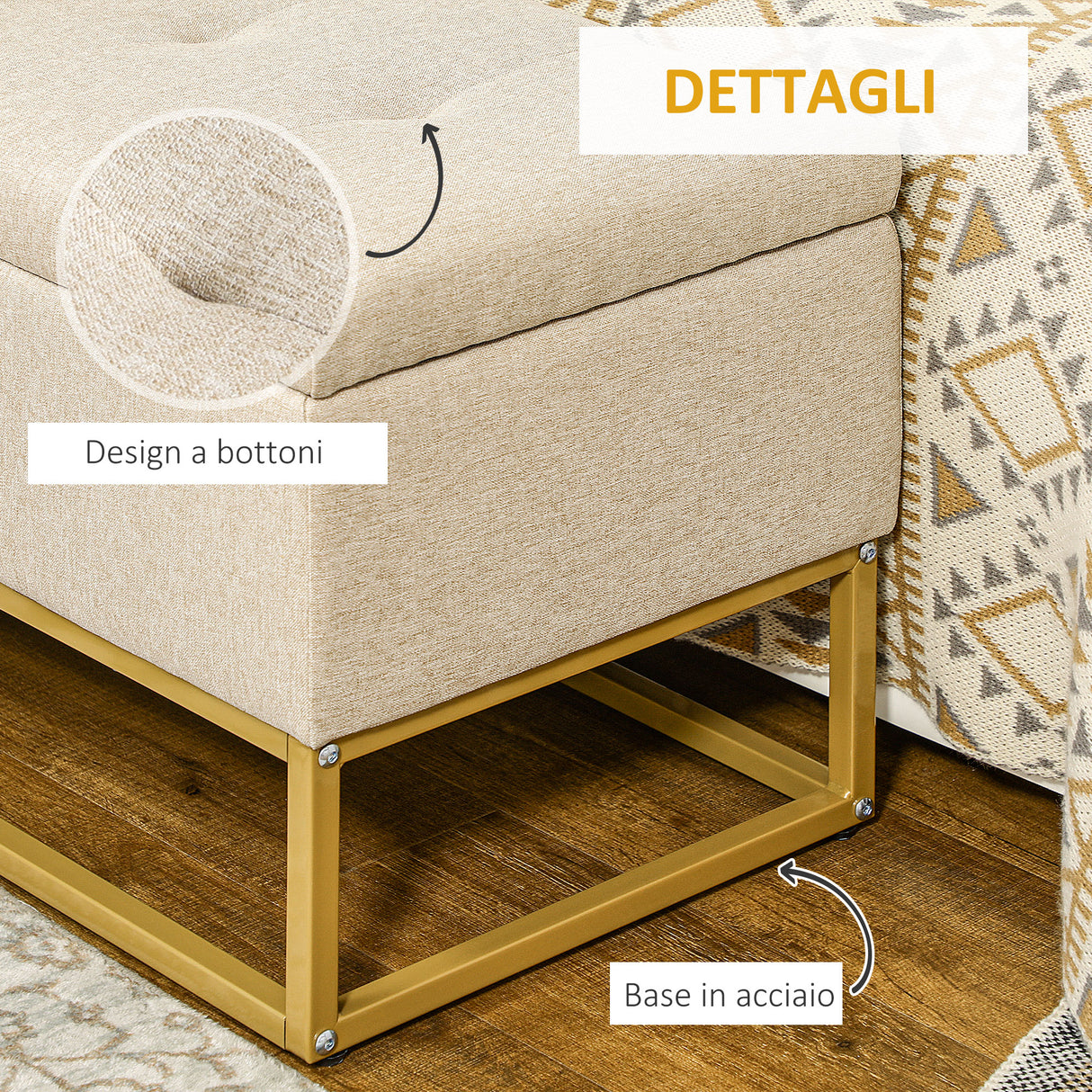 easycomfort easycomfort panca con contenitore in poliestere trapuntata con gambe in acciaio doro 110x44x48cm beige