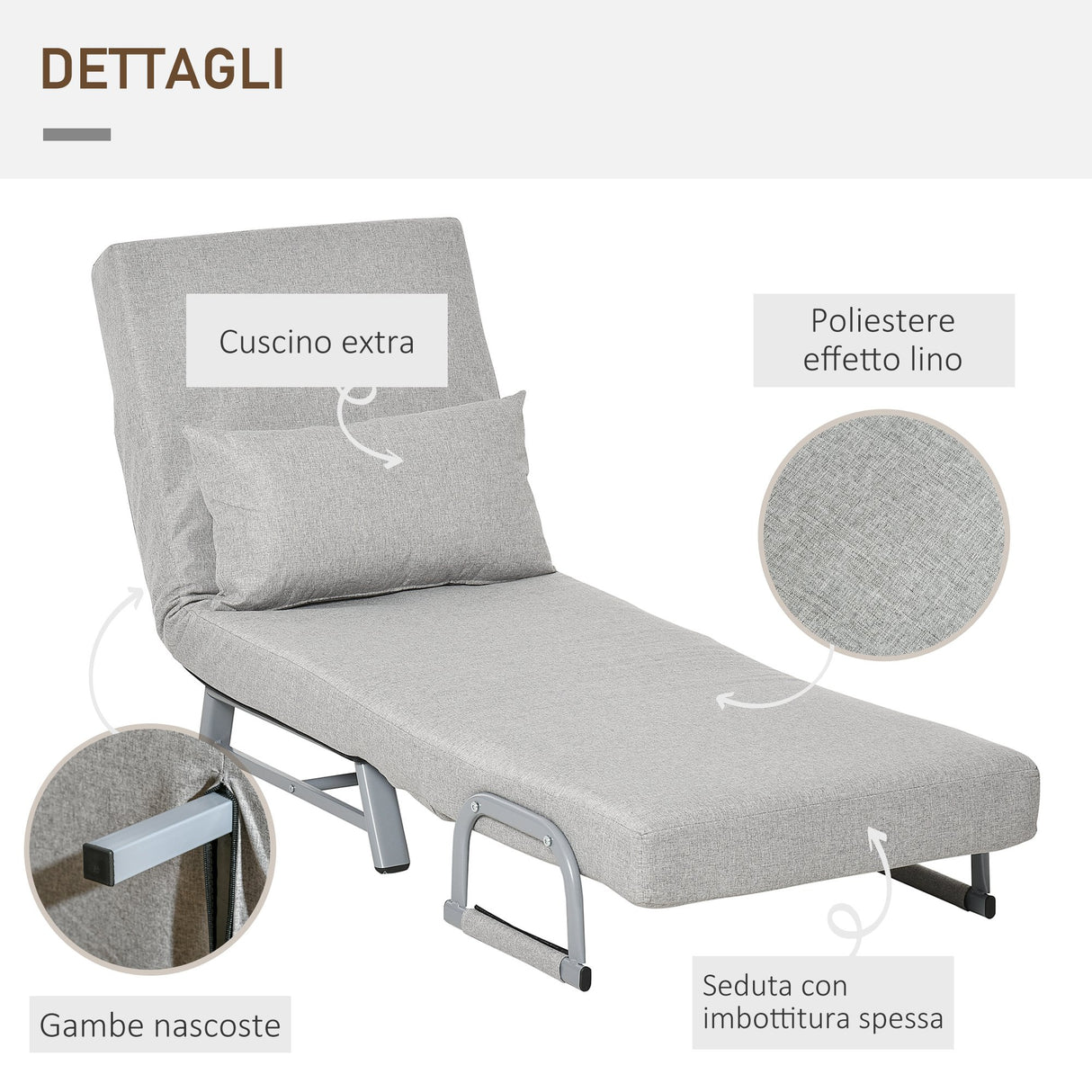 easycomfort easycomfort poltrona letto singolo con schienale reclinabile 5 livelli con cuscino extra tessuto e metallo 73x74x81cm grigio