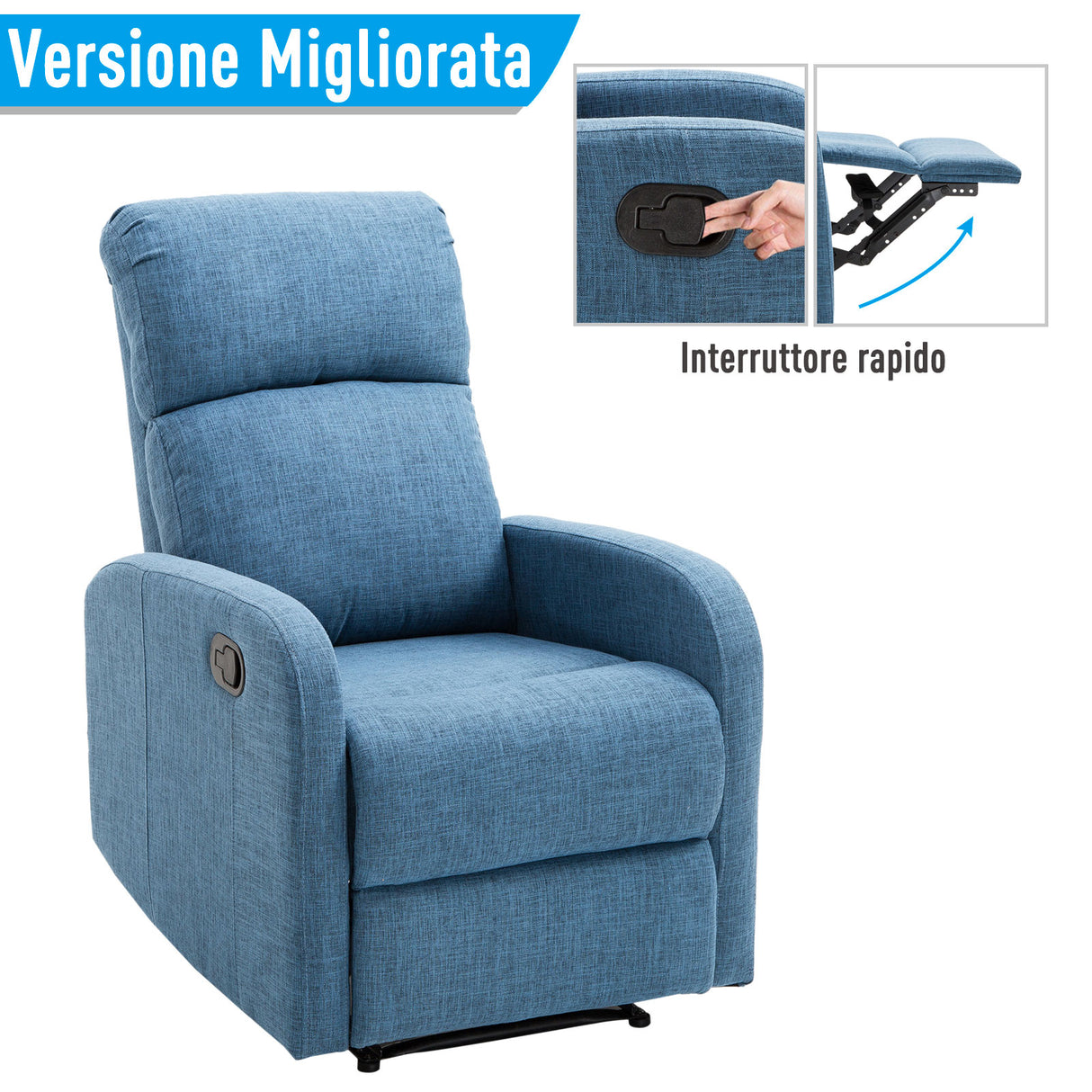 easycomfort easycomfort poltrona relax reclinabile manuale con poggiapiedi portata 125kg tessuto di lino 67 83 107cm blu ean 8055776912165