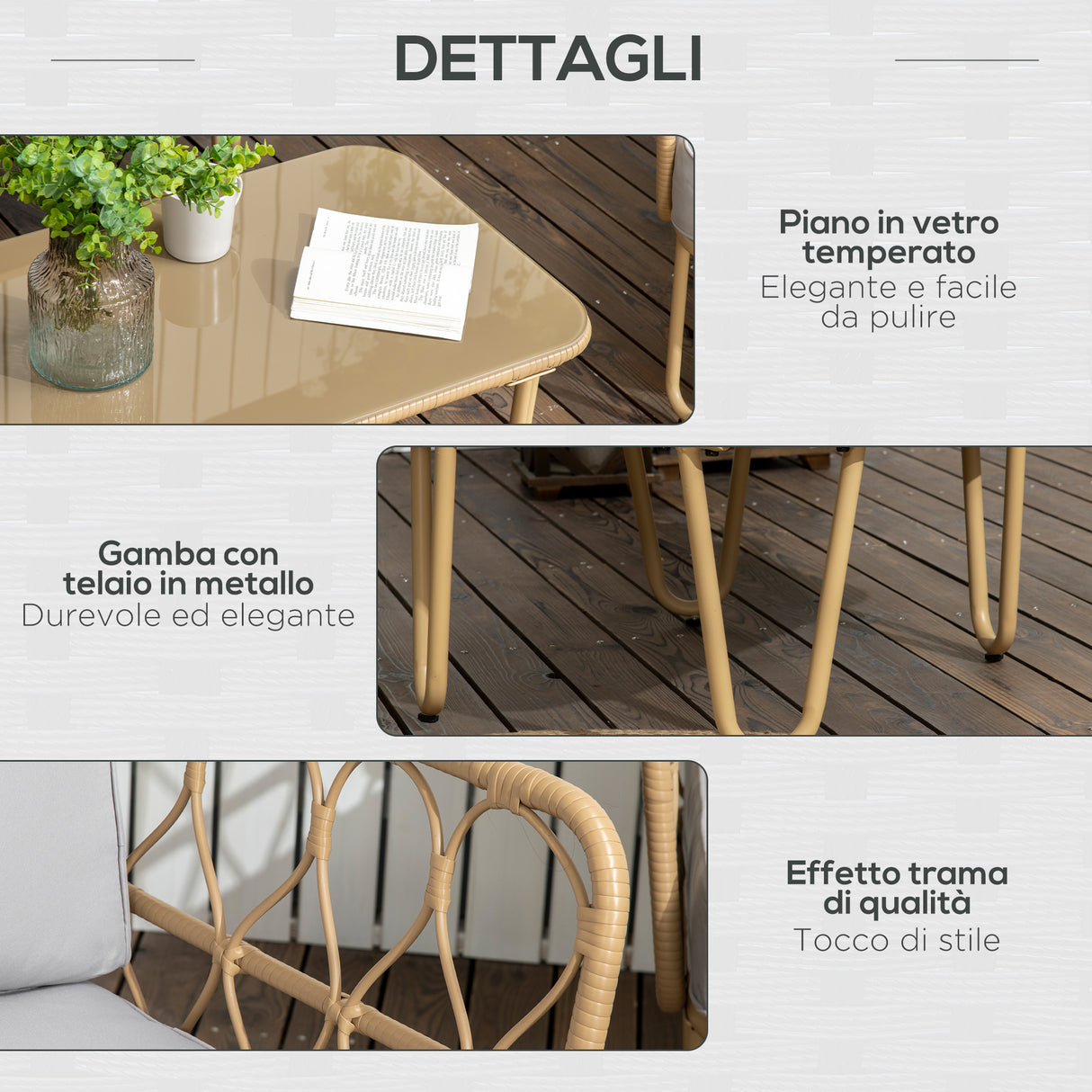 easycomfort easycomfort salotto da giardino in rattan stile boho con divano 2 posti 2 poltrone e tavolino con vetro