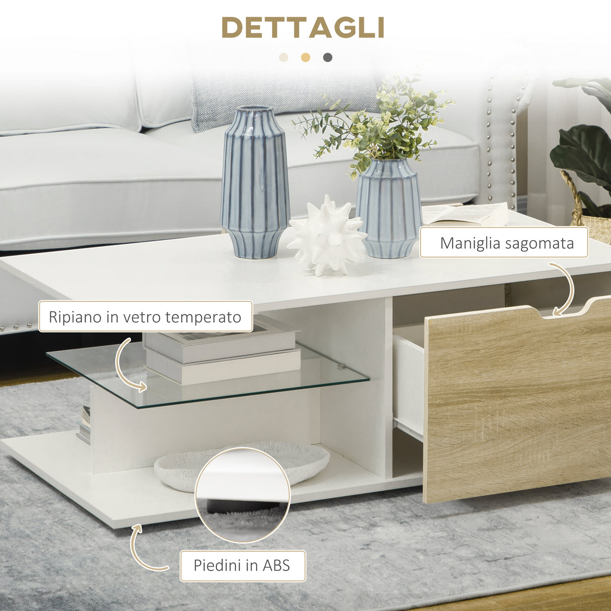 easycomfort easycomfort tavolino basso da caffe in truciolato con cassetti e ripiano in vetro per soggiorno e ingresso 106x58x39 cm bianco