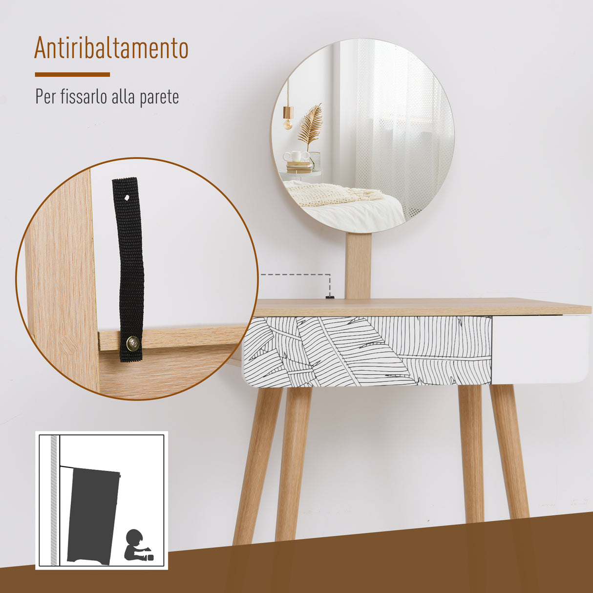 easycomfort easycomfort toeletta tavolo da trucco con specchio circolare 39cm consolle trucco con cassetto con decorazione jungle bianco e rovere 70x39x119 128cm ean 8054144134673