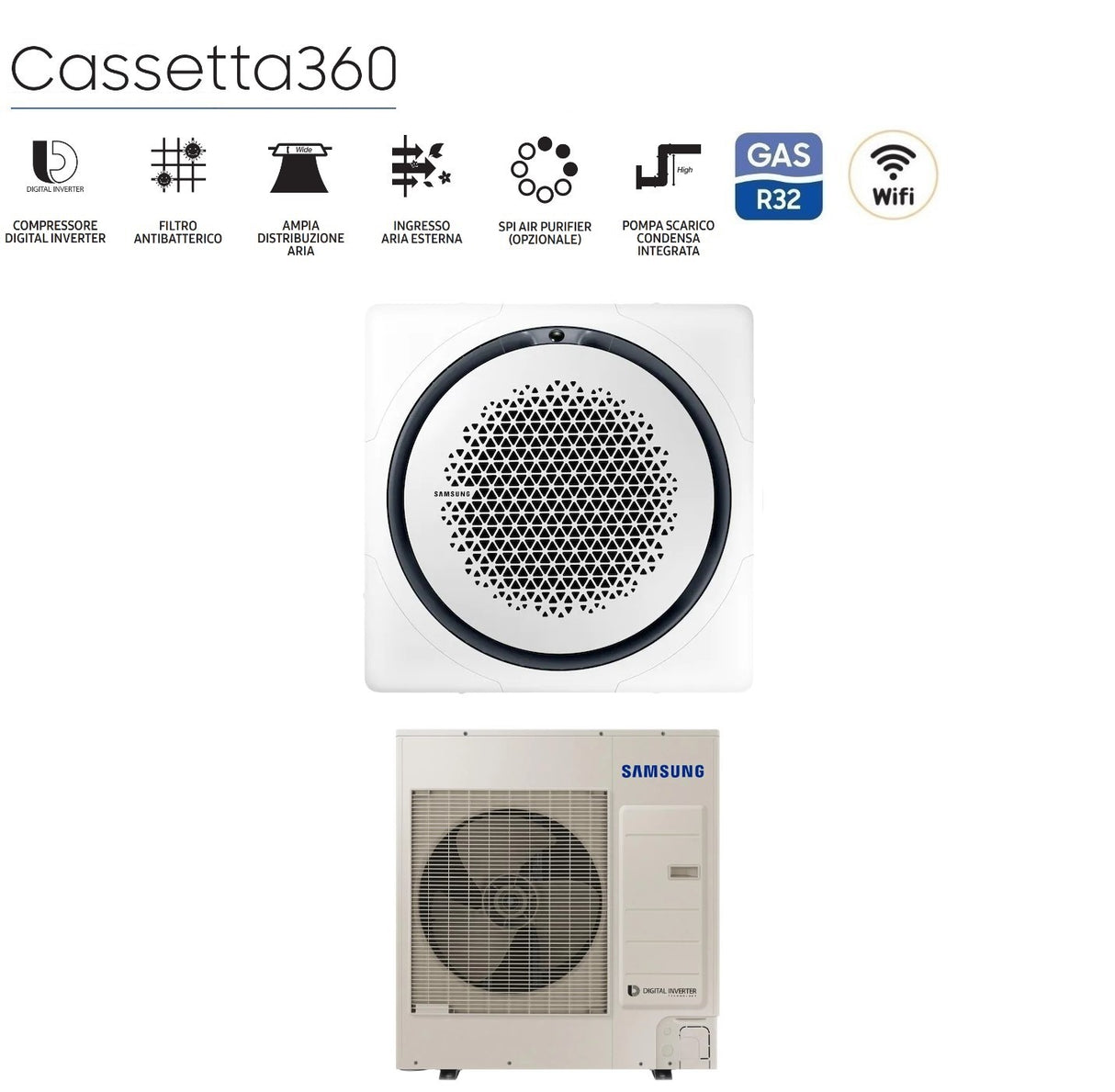 climatizzatore condizionatore samsung inverter cassetta 360 36000 btu ac100rn4pkg eu r 32 wi fi optional con comando a filo incluso vari pannelli disponibil
