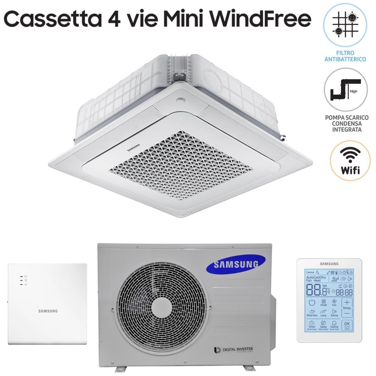 climatizzatore condizionatore samsung mini cassetta 4 vie windfree 18000 btu ac052nnndkh con wi fi integrato e pannello incluso