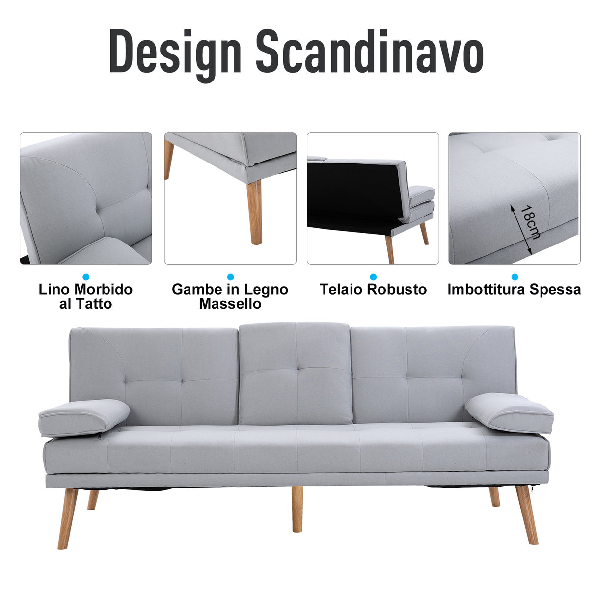 easycomfort easycomfort divano letto 3 posti stile scandinavo reclinabile con tavolino a ribalta 181x77x88 cm grigio ean 8054144132129