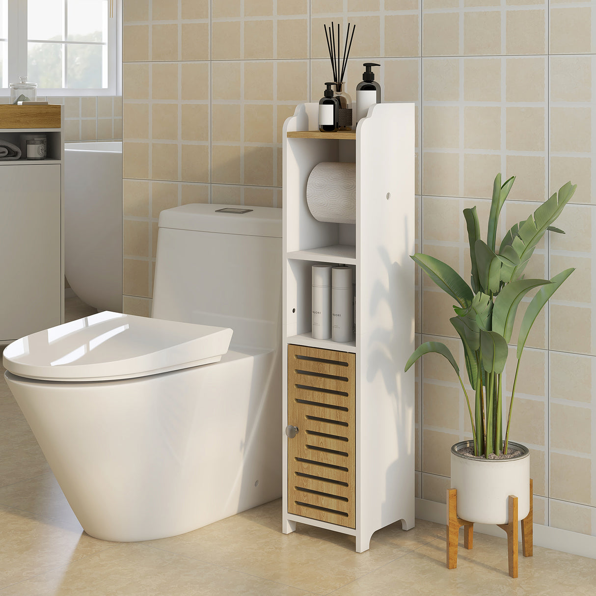 easycomfort easycomfort mobiletto bagno salvaspazio moderno con ripiani e armadietto in truciolato superficie in melamina18x20x90cm bianco