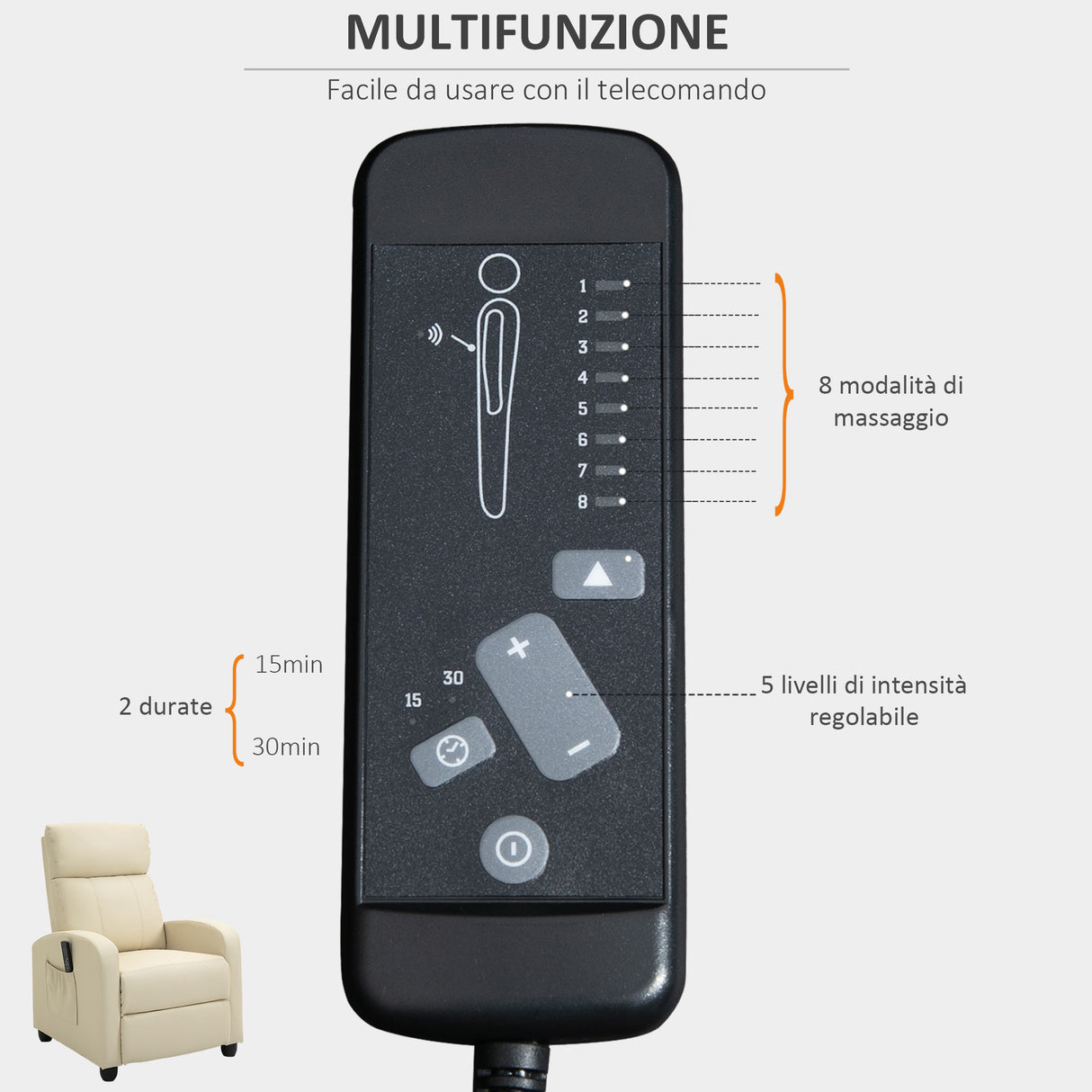 easycomfort easycomfort poltrona relax massaggiante con telecomando e 8 programmi reclinazione e poggiapiedi 68x88x98cm crema