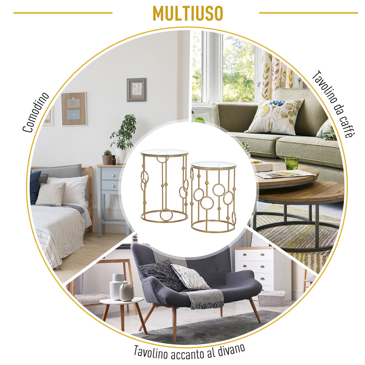 easycomfort easycomfort set 2 pezzi tavolini da caffe design elegante con motivi a cerchio metallo e vetro temperato 41x57cm 36x51cm oro ean 8055776910697