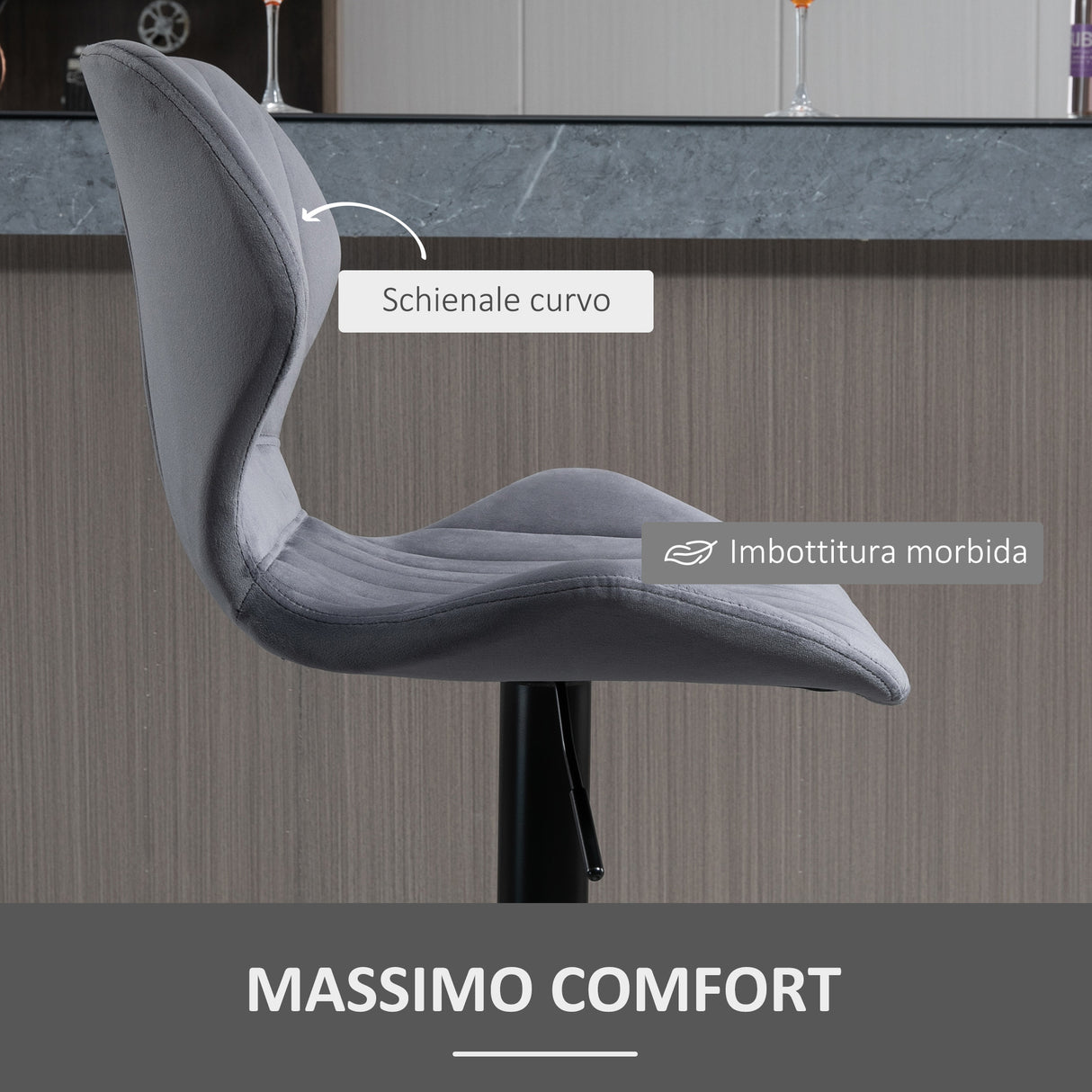 easycomfort easycomfort set 2 sgabelli da bar ad altezza regolabile con seduta ergonomica e poggiapiedi sgabelli alti in effetto velluto e metallo 47x51 5x92 114 cm grigio