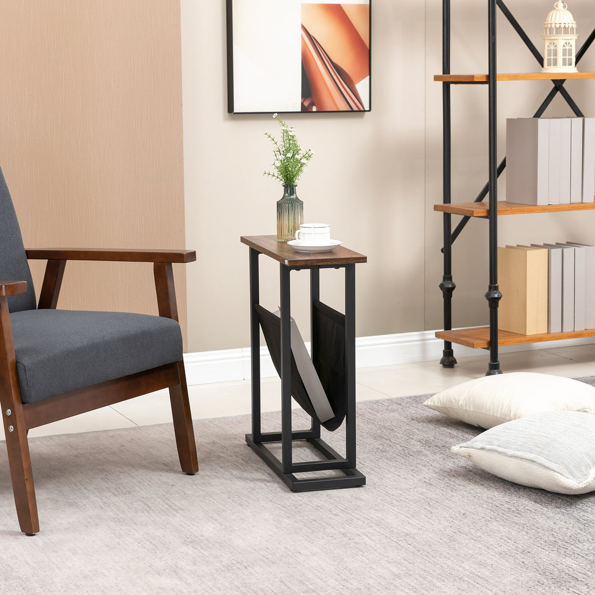 easycomfort easycomfort tavolino da salotto in truciolato e acciaio con borsa portaoggetti in tessuto oxford 49x19x55 cm marrone e nero