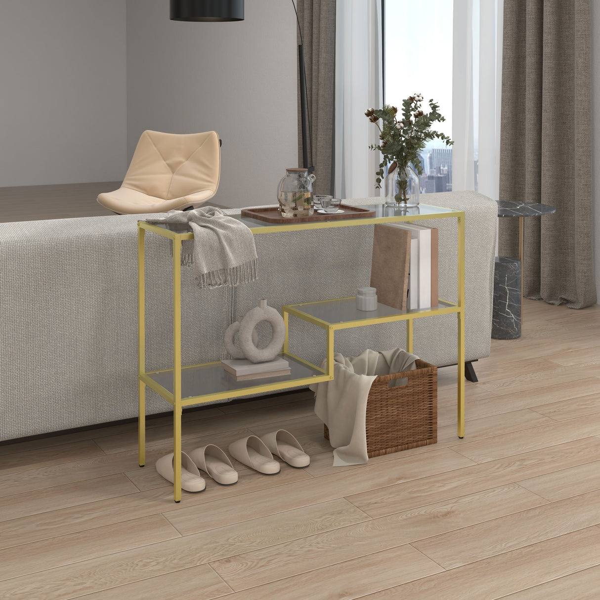easycomfort easycomfort consolle da ingresso a 3 ripiani in acciaio e vetro temperato 100x32x76 cm oro