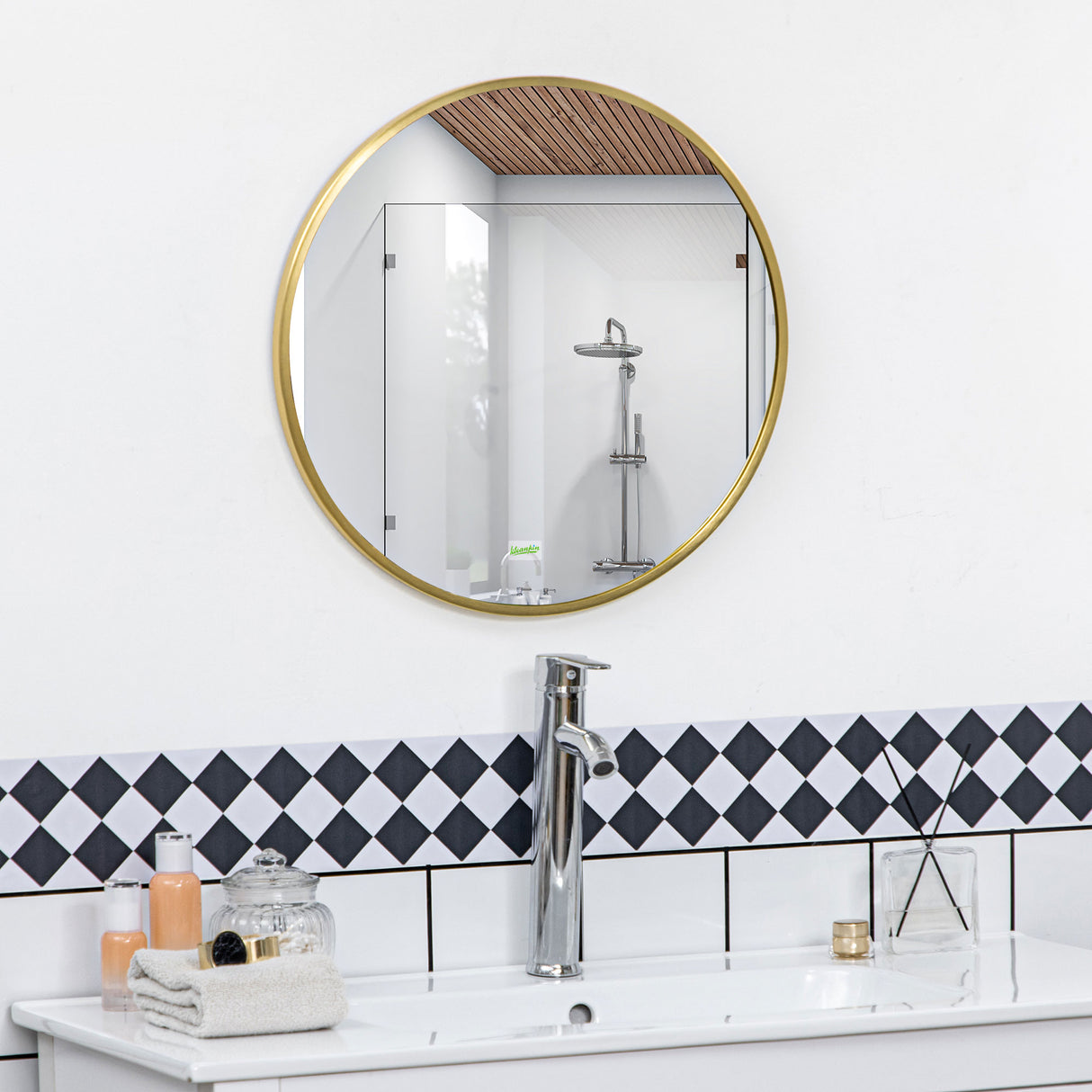 easycomfort easycomfort specchio bagno rotondo con cornice da parete in lega di alluminio 50x2cm oro