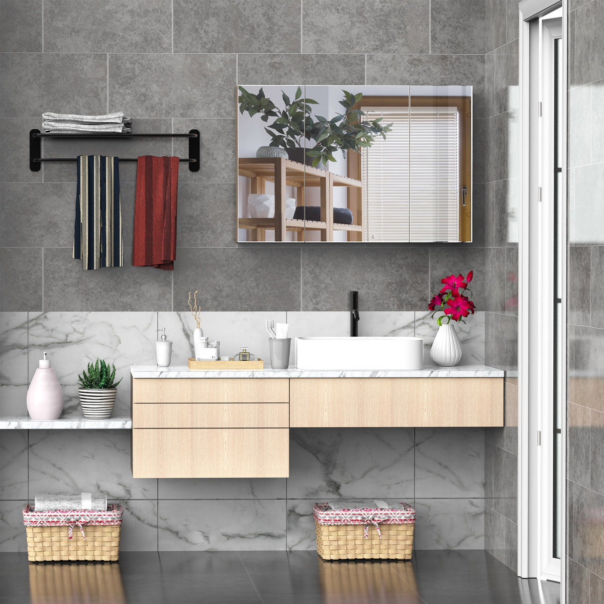 easycomfort easycomfort armadietto pensile da bagno a parete con specchio a 3 ante e ripiani regolabili in legno 90x60x13 5cm ean 8054144132402
