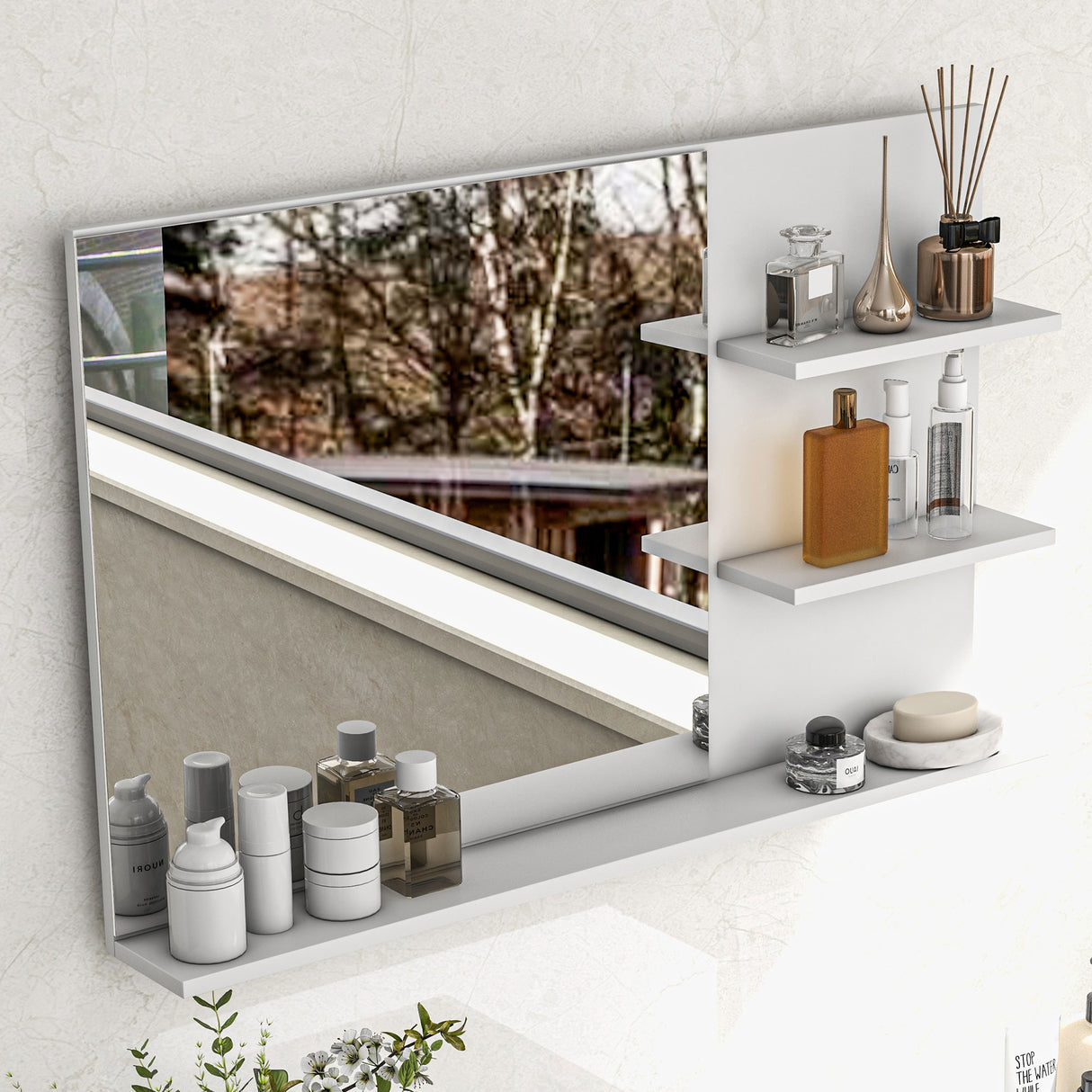 easycomfort easycomfort specchio da bagno a parete con 2 ripiani laterali e ripiano inferiore in mdf e vetro 75x10x48 cm bianco