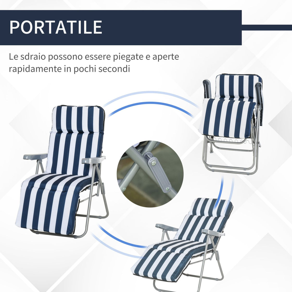 easycomfort easycomfort set 2 sedie a sdraio pieghevoli reclinabili con imbottitura a righe e braccioli bianco e blu