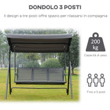 easycomfort easycomfort dondolo 3 posti con baldacchino in acciaio e tessuto poliestere grigio 178x111x155cm