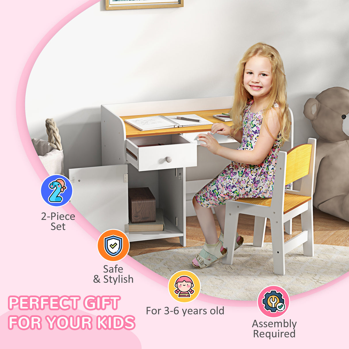 easycomfort easycomfort banco scuola e sedia per bambini da 3 6 anni con cassetto e armadietto in legno bianco