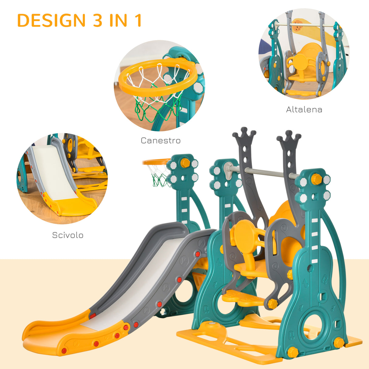 easycomfort easycomfort scivolo per bambini 18 mesi 3 anni con altalena regolabile e canestro in hdpe multicolore 152x149x107cm