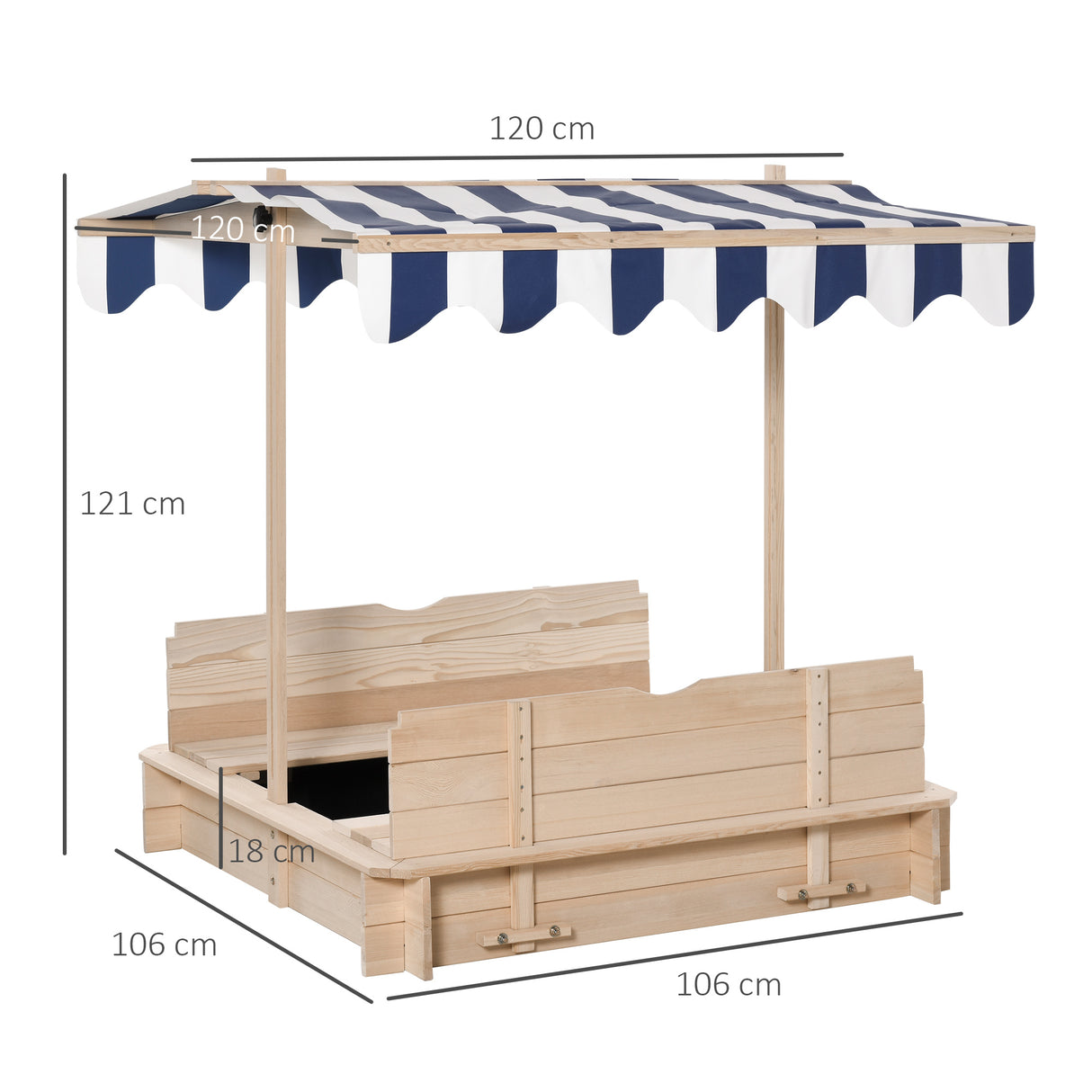 easycomfort easycomfort sabbiera per bambini in legno con tettuccio parasole panca e coperchio 106x106x121cm bianco e blu