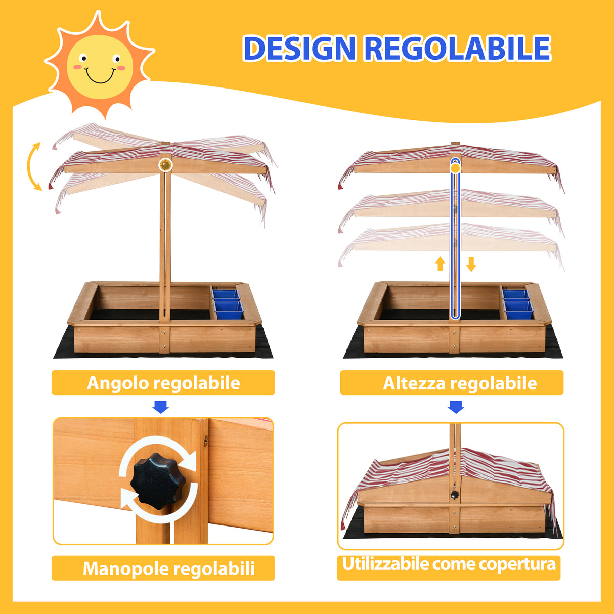 easycomfort easycomfort sabbiera per bambini in legno con tettuccio regolabile sedute e vaschette 107 5x107 5x110cm