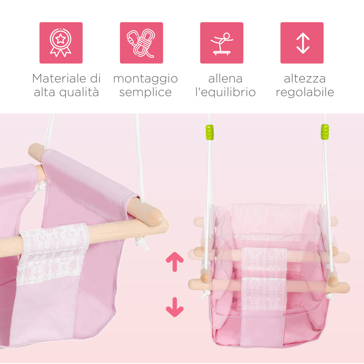 easycomfort easycomfort seggiolino altalena per bambini in tessuto e legno con cuscino 40x40x180cm rosa