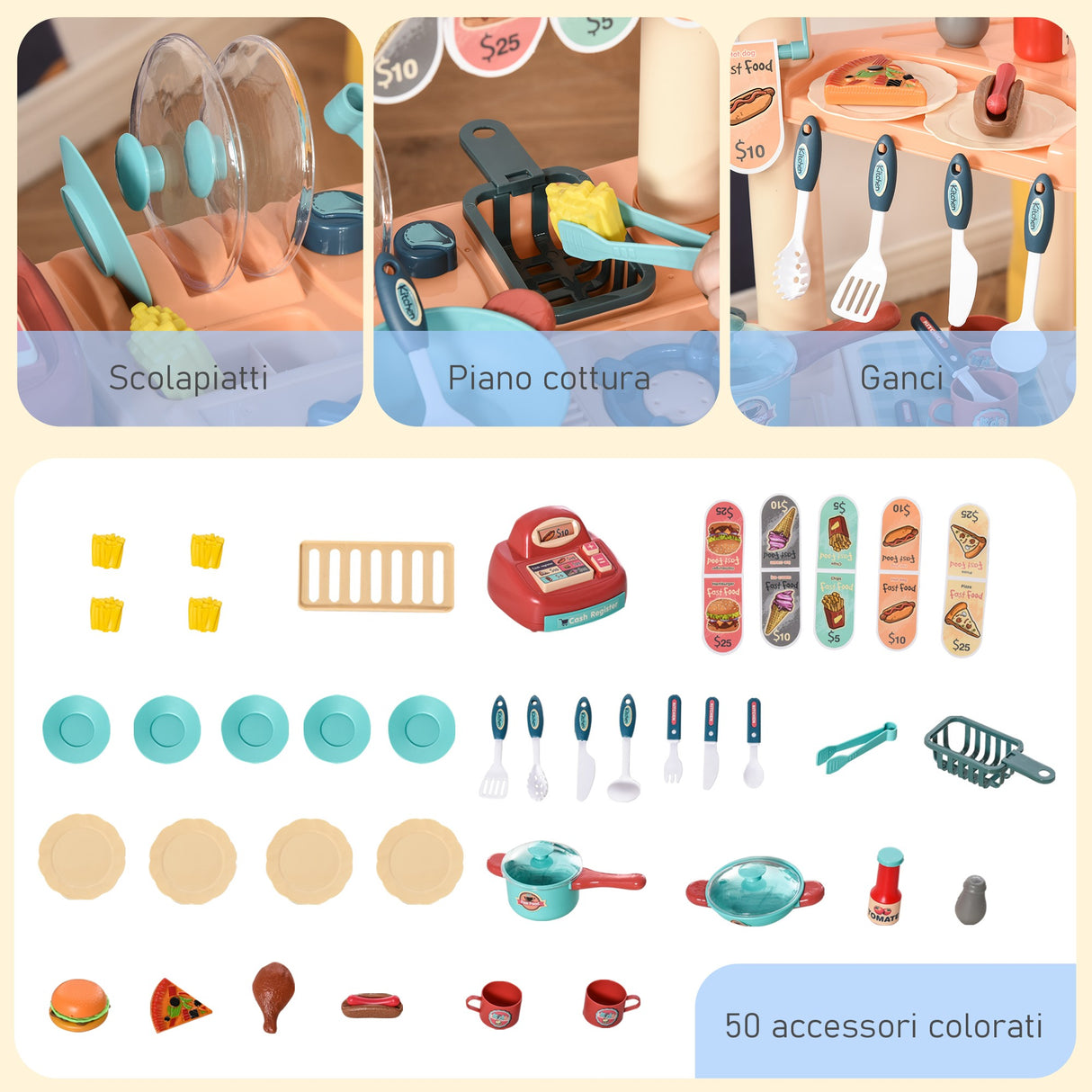easycomfort easycomfort cucina giocattolo per bambini 3 6 anni caffetteria ristorante con 50 accessori inclusi 79 5 x 33 x 90 5cm