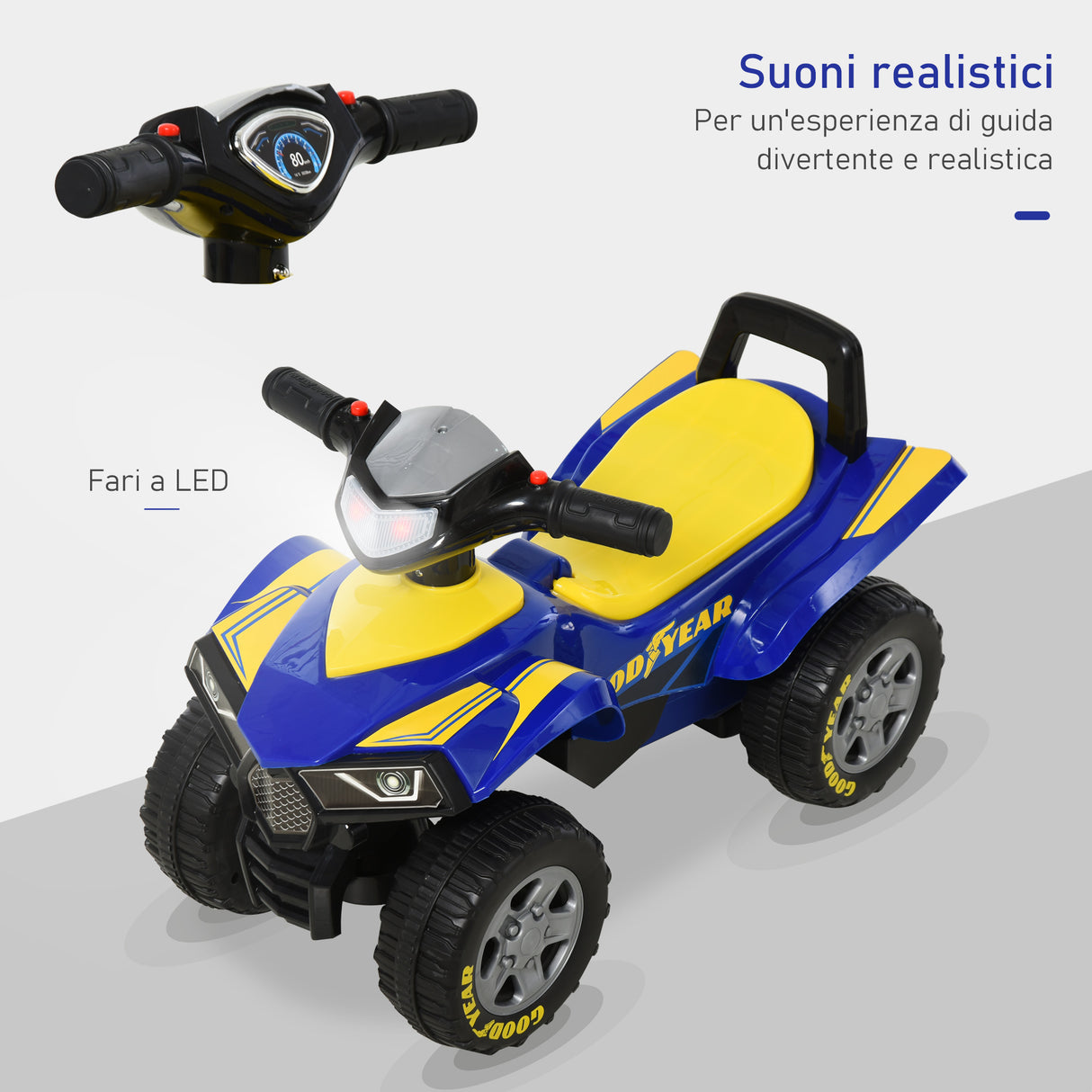 easycomfort easycomfort quad giocattolo per bambini 18 36 mesi con licenza goodyear con luci e suoni realistici blu e giallo 60x31x42cm