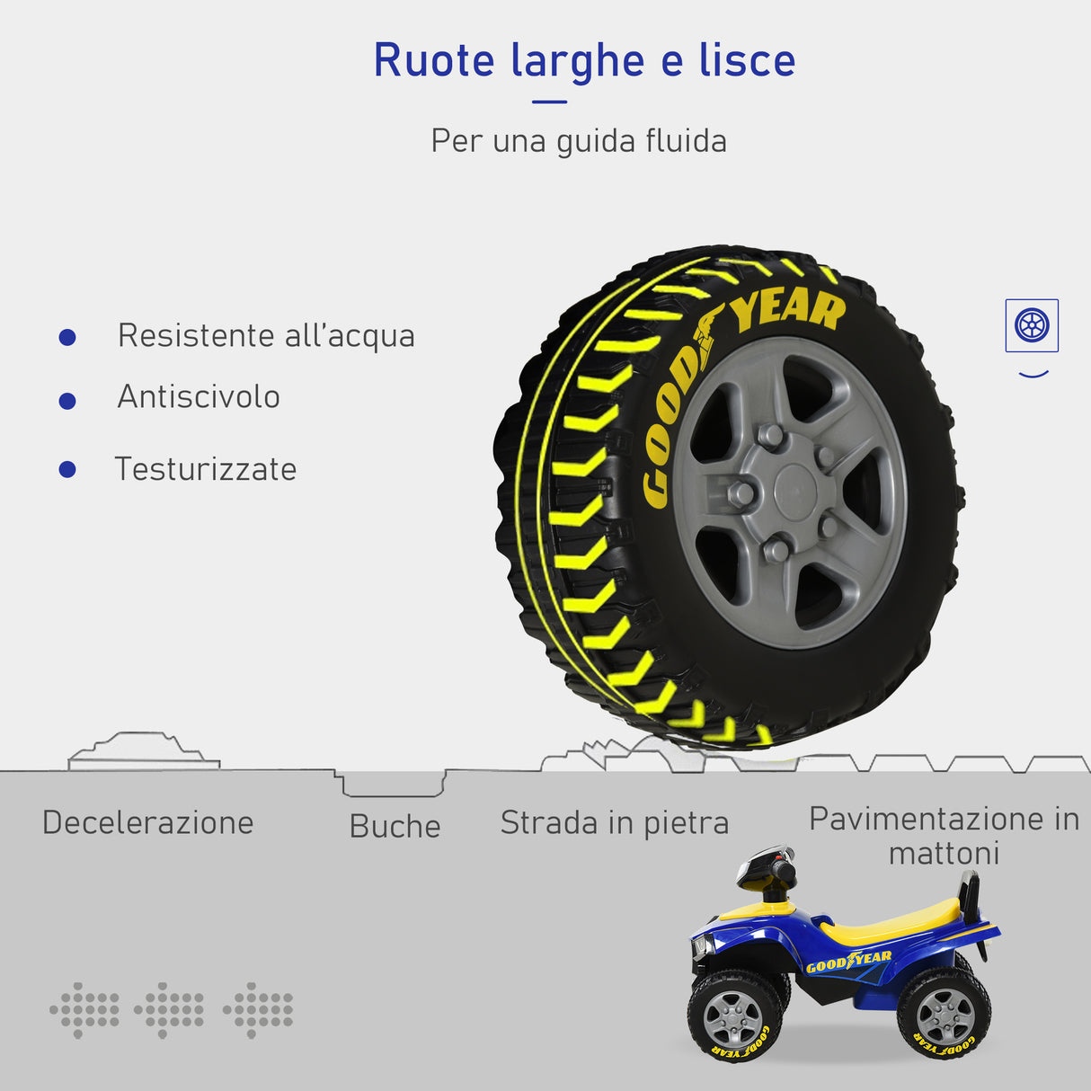 easycomfort easycomfort quad giocattolo per bambini 18 36 mesi con licenza goodyear con luci e suoni realistici blu e giallo 60x31x42cm