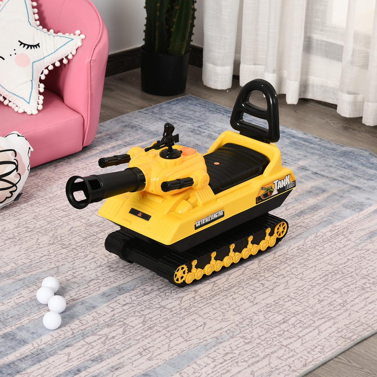 easycomfort easycomfort carro armato bambini con cannone spara palline e vano contenitore giochi cavalcabili per bambini 3 anni 68cmx24cmx41 5cm giallo