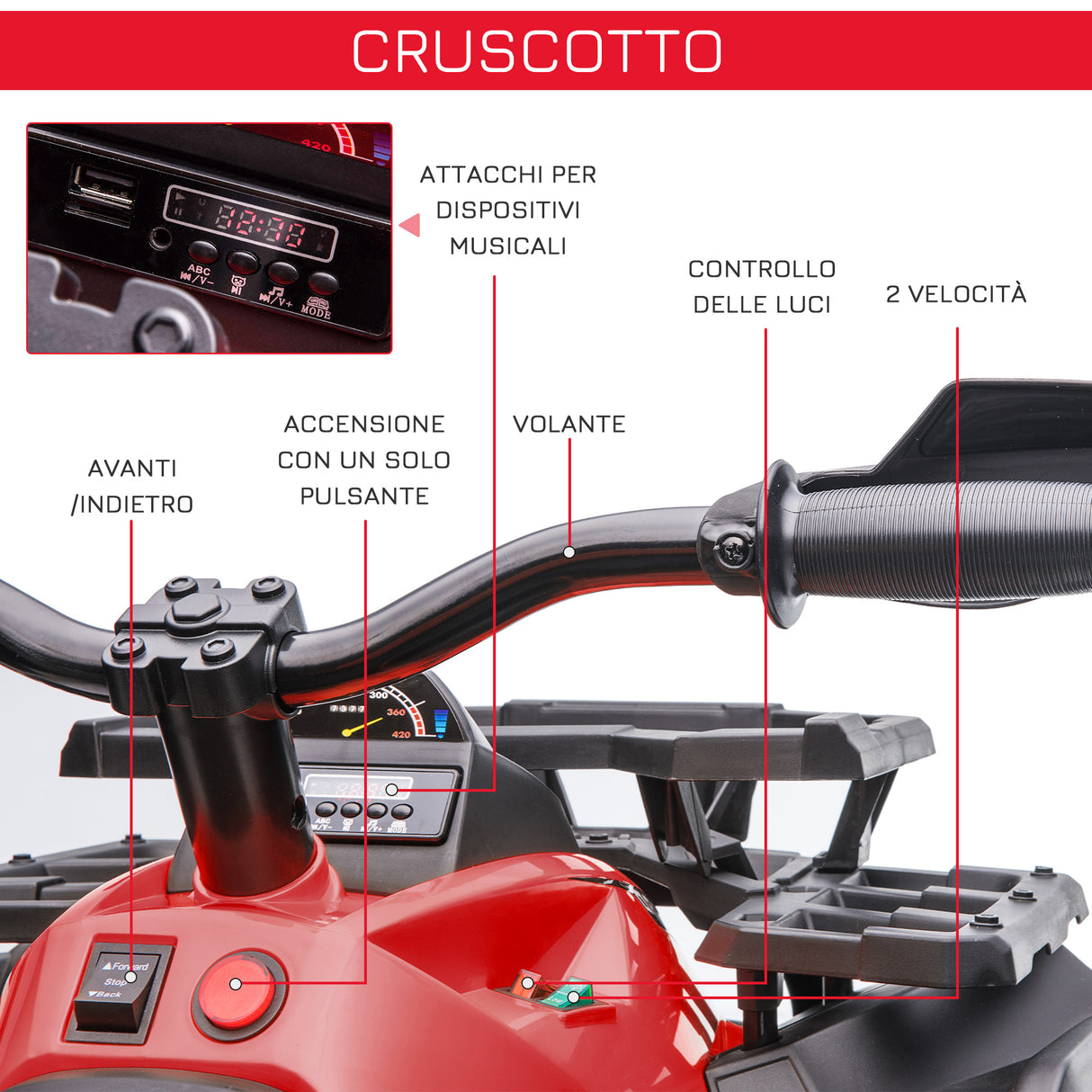 easycomfort easycomfort quad per bambini elettrico 12v con fari e batteria ricaricabile eta 3 5 anni 100x65x73cm rosso
